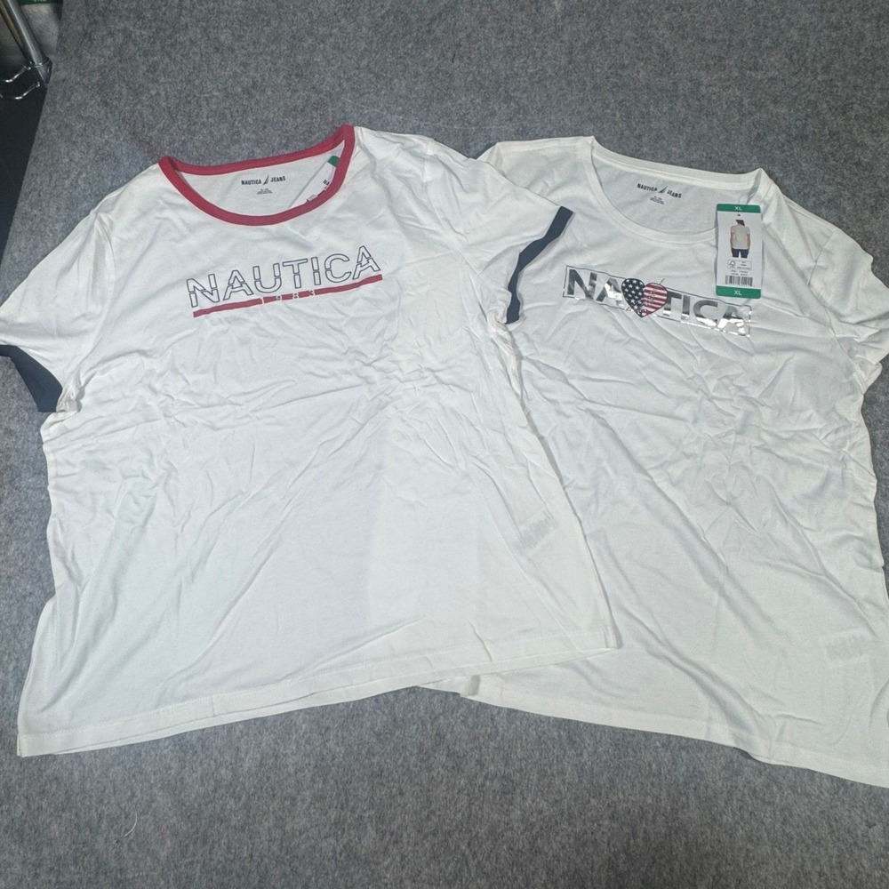 Nautica Jeans Co Women White Graphic T-Shirt Bundle XL 2pk Ringer Heart Logo
